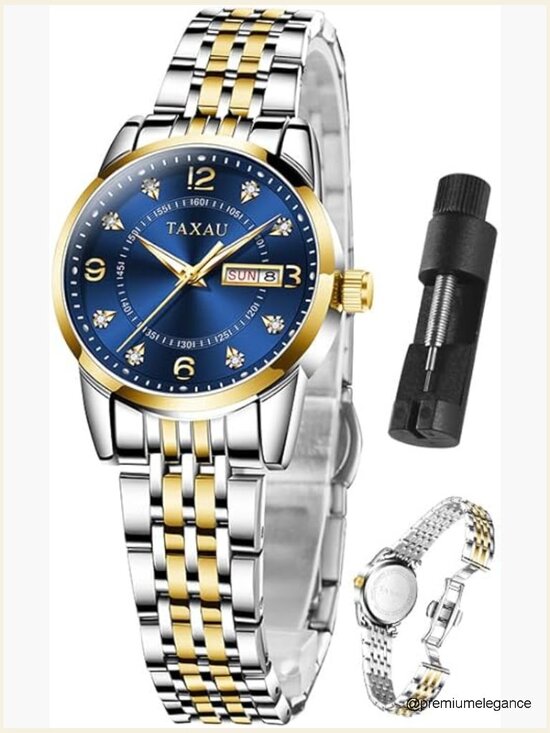 Accessories - Gold Silver Two Tone Women Stainless Steel Watch Dress Quartz Day Date Water